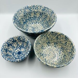 Vintage Roseville Spongeware Blue White Nesting Bowl Set Farmhouse Stoneware